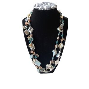 Lia Sophia Ocean Vibe Mother of Pearl Shell Teal Glass Bead Long Station Silver